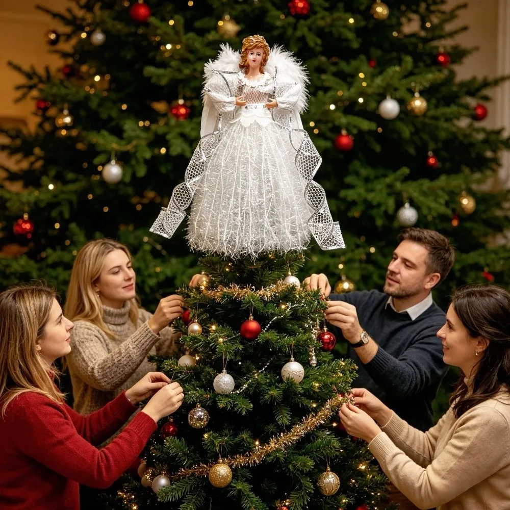 Sparkling Christmas Tree Top Angel Decoration Delicate with Wings Angel Figurine Tree Topper Reusable Xmas Tree Top Ornament