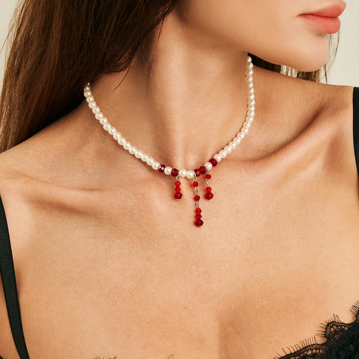 SHIXIN Gothic Red Crystal Blood Drop Tassel Choker Necklace for Women Elegant Imitation Pearl Chain Halloween Neck Jewelry Gift