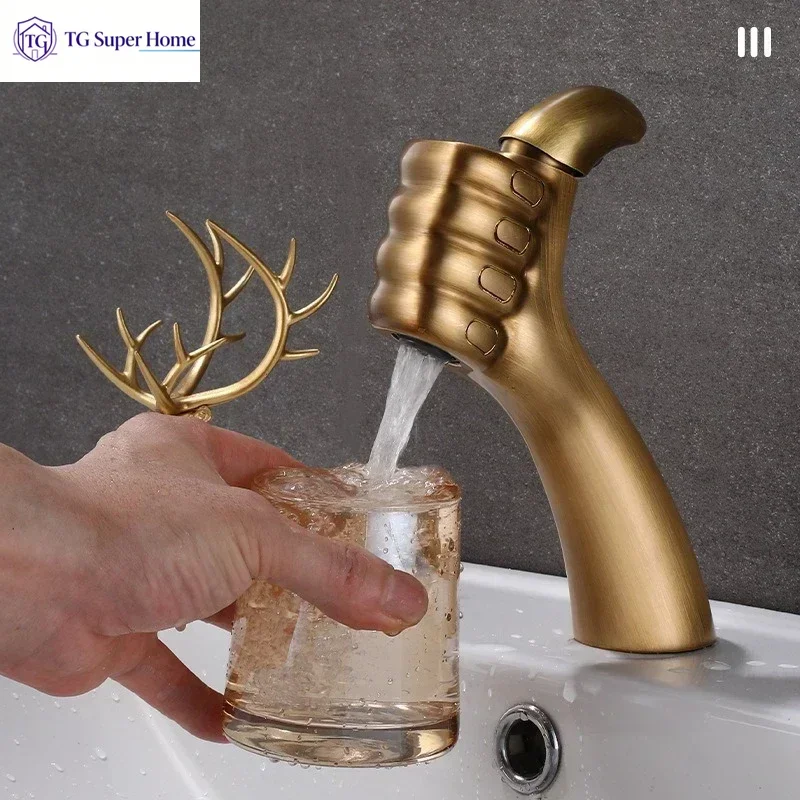 New creative thumb faucet household bathroom bathroom antique brass basin hot and cold water faucet