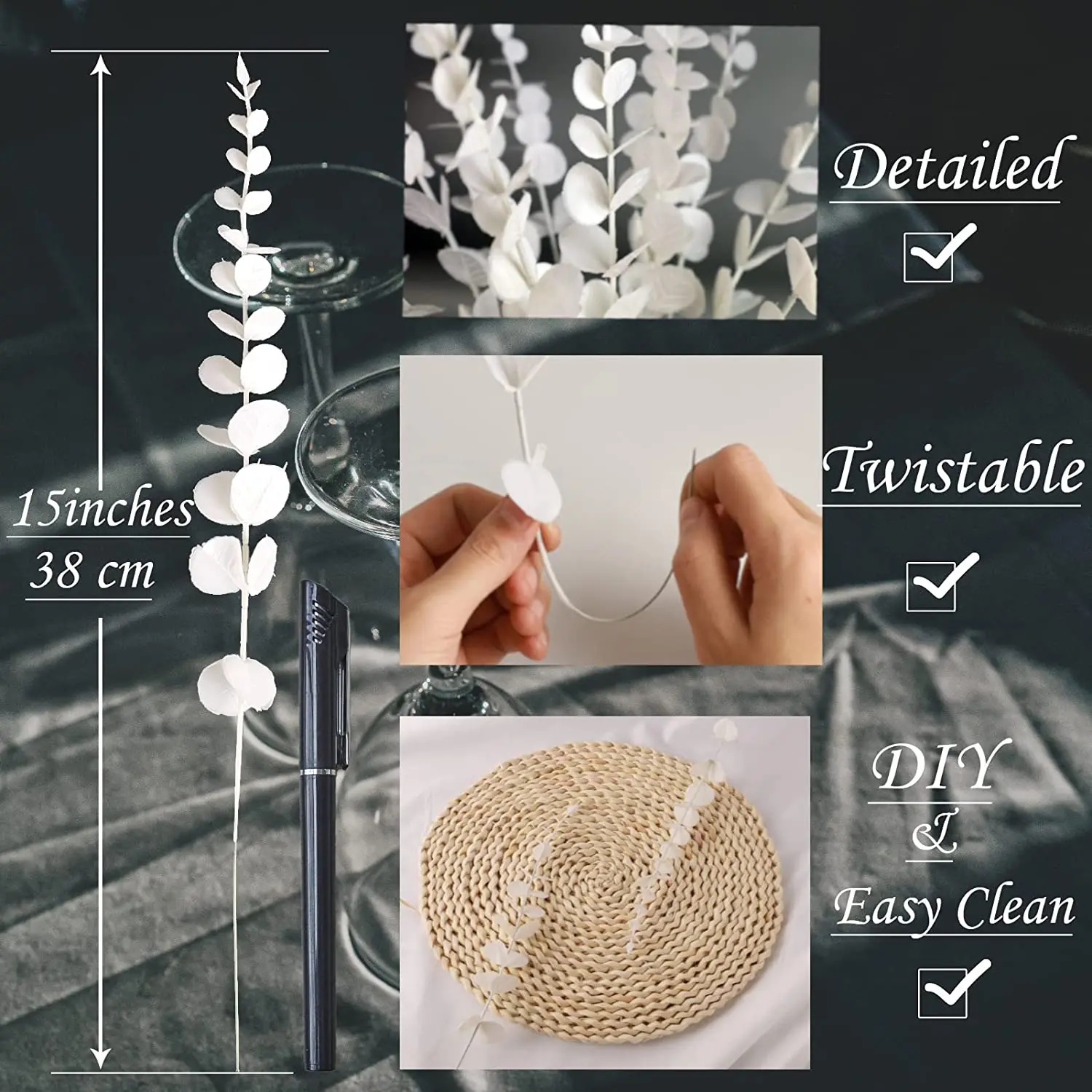 Yannew 12 Stück künstliche Eukalyptus-Stiele, silbernes Dollar-Grün, künstliche Pflanzen für Hochzeitsstrauß, Blumenarrangement, Heimdekoration – Detail 22