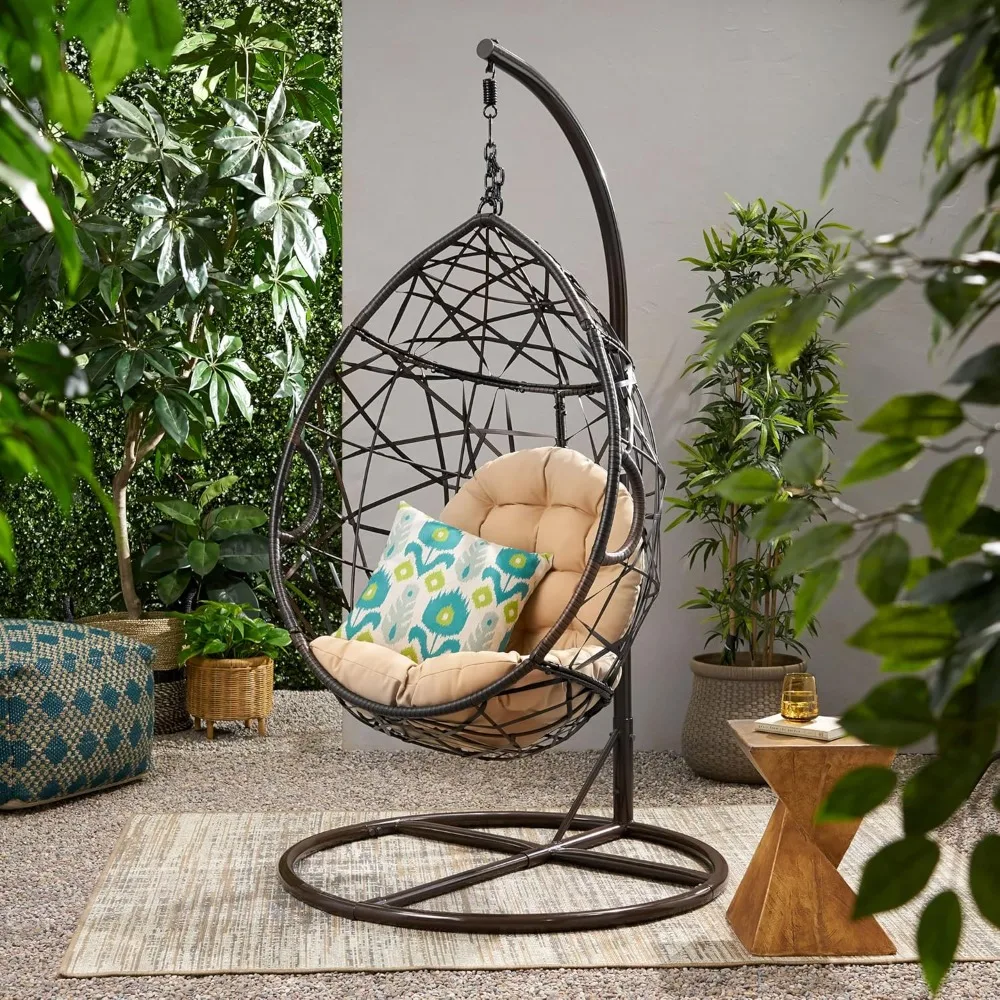 Tear Drop Hanging Chair with Stand, Cushion, for Patio Backyard Garden Livingroom Bedroom, Hanging Hammock Egg Chair