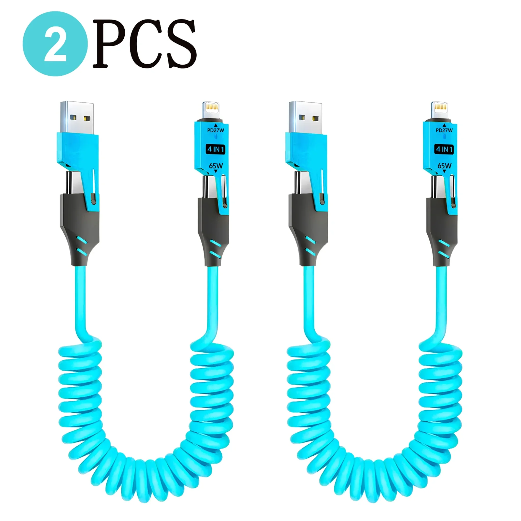 1-2PCS Fast Charging Spring Data Cable 65W Retractable USB Type C Cable For iPhone For Xiaomi Phone Quick Charge Data Cord