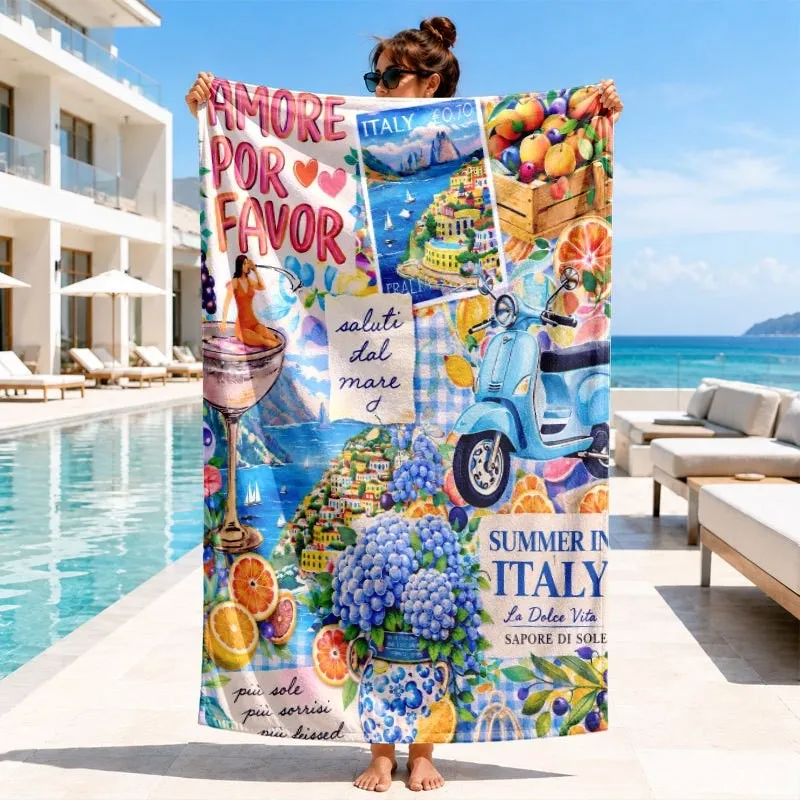 Summer Limoncello Letter Style Pink Yellow Stripe Limoncello Bottle Fruit La Dolce Vita Print Quick Dry Beach Towel
