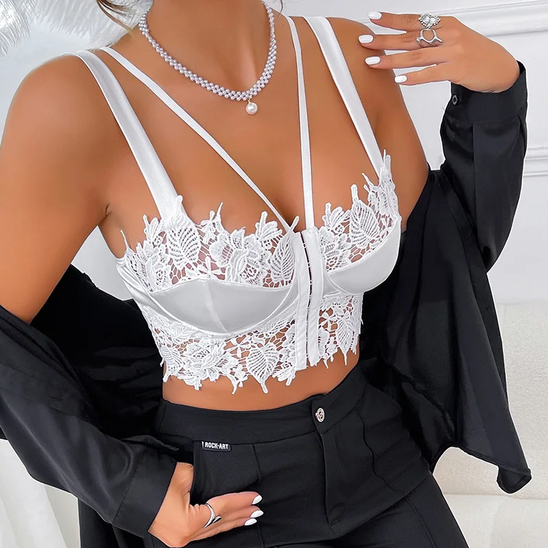 Women White Lace Top Double Strap Corset Camisole Front Hook Boned Slim Crop Tank Bustier Y2K Wedding Party Vest