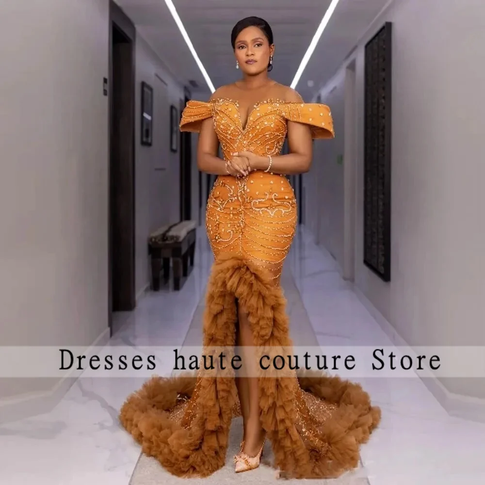 

Aso Ebi Formal Evening Gowns Beaded Lace Customized Corset Prom Dresses Long Mermaid Ruffled Evening Dress Split Off Shoulder