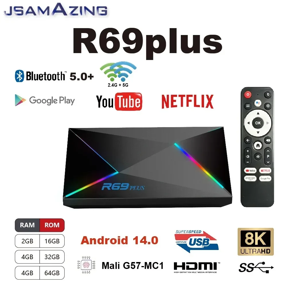 R69PLUS  Android 14 Smart TV Box 8K Wifi 6  Allwinner H728 ARM Cortex A55  Ethernet 1000M 16/32/ 64GB 1080P For Google Youtube