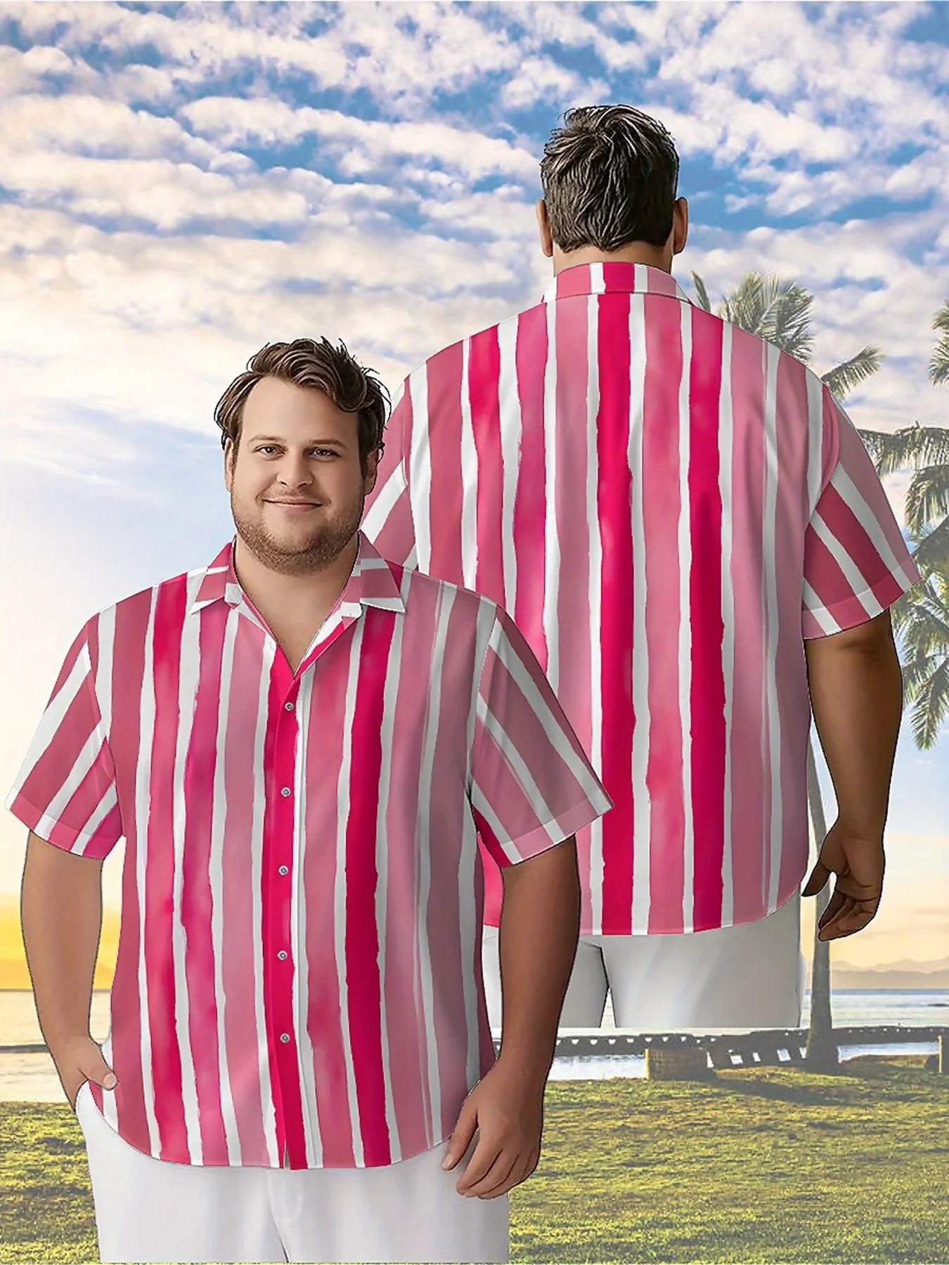 

Men's Plus Size Hawaiian Shirts Pink Stripes Pattern,New in Summer Fashion Tops,Hip Hop Rock Streetwear
