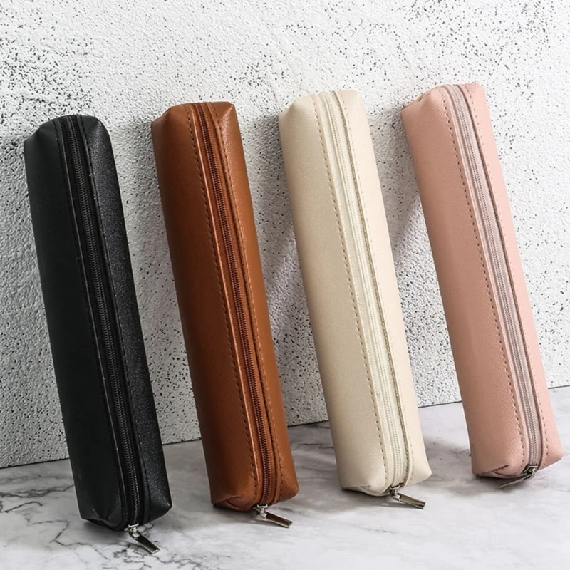 Small Pencil Case Pen Holder Leather Storage Bag Zippered Portable Pen Organizers Travel Cosmetic Bag for Women Men