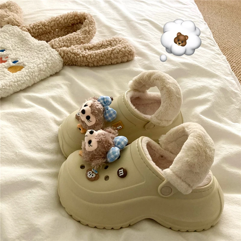 Furry Double Purpose ~! Cute Bear Fleece-lined Porous Shoes Women Winter Thick Bottom Outer Wear Plush Cotton Slippers