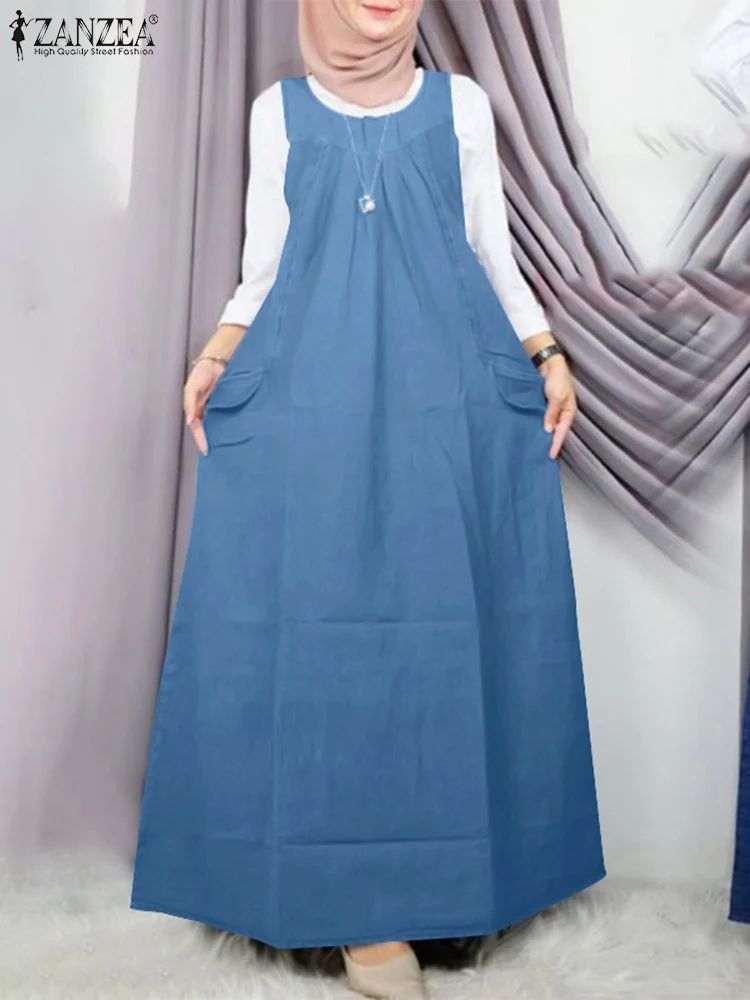 

ZANZEA Women Fashion Summer Overall Dresses Casual Vintage Solid Muslim Abaya Sundress Hijab Vestido Sleeveless Maxi Long Dress