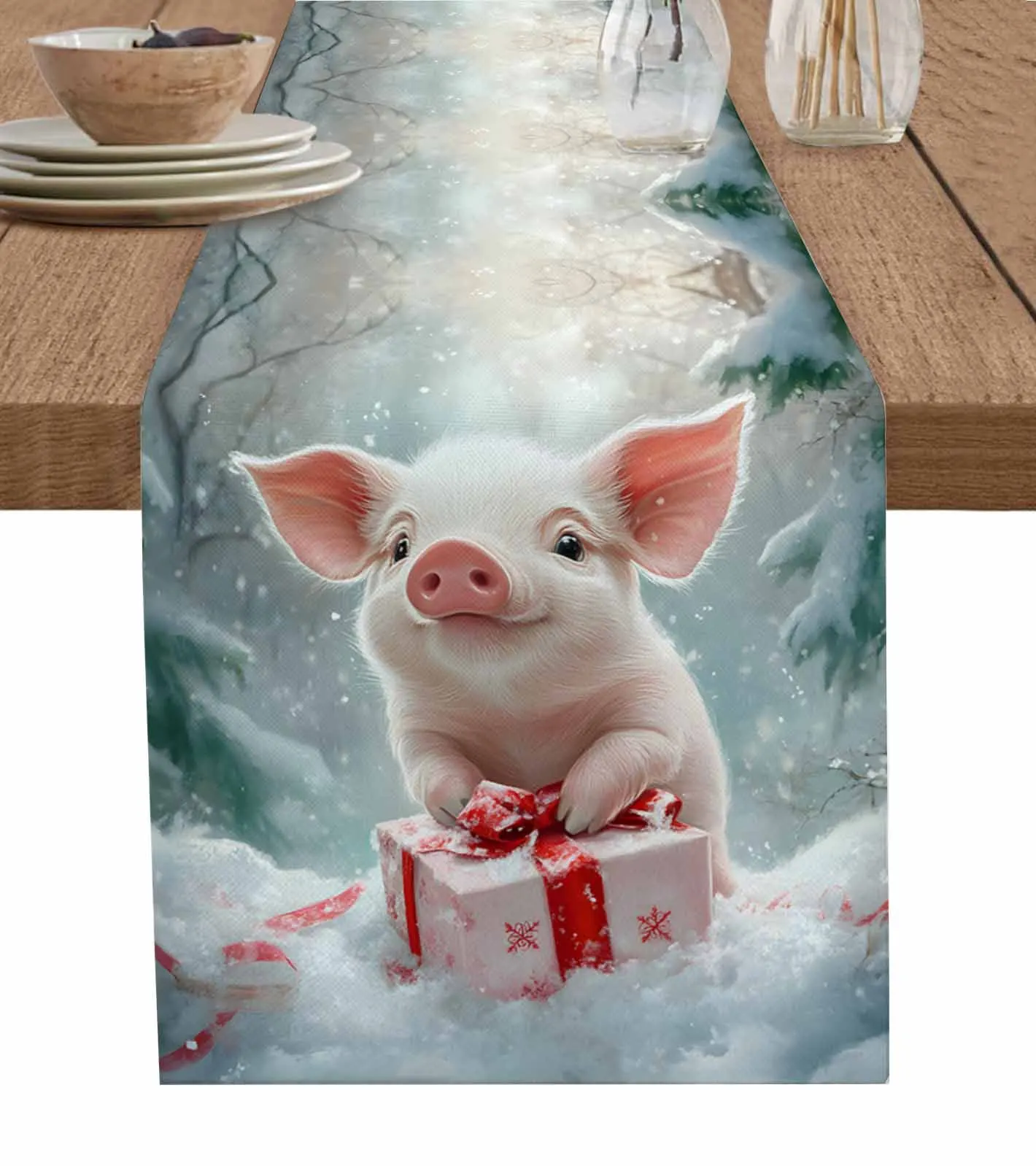 Christmas Pine Grove Pig Gift Snowflakes  Wedding Decor Cake Tablecloth and Placemat Holiday Table Decor Table Runner