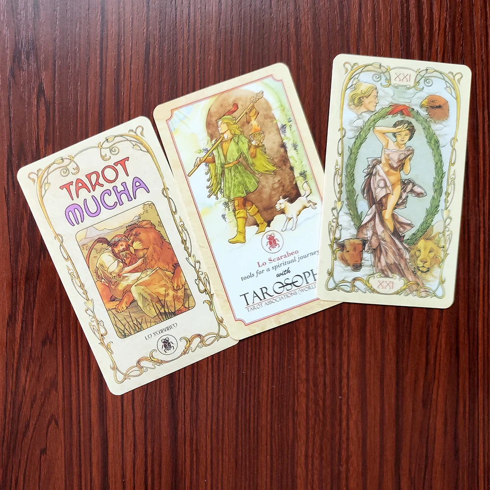 Beautiful Fantasy Tarot Deck. Tarot Divination Mucha Cards five languages: English, Spanish, French, Italian, and German