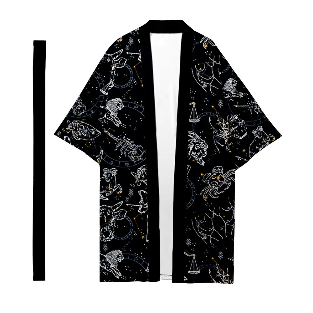 Men\'s Japanese Long Kimono Cardigan Men\'s Samurai Costume Kimono Constellation Pattern Kimono Shirt Yukata Outer Cover