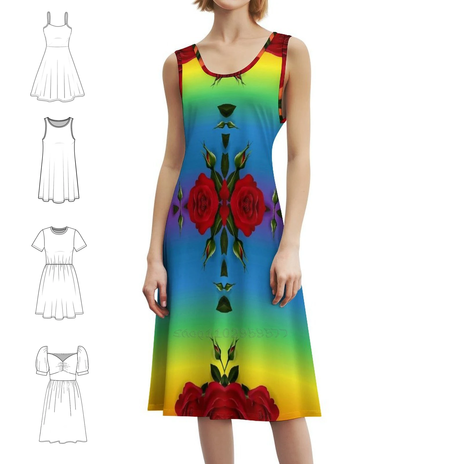 

Женское элегантное праздничное платье с розами и радугой, платье трапециевидной формы с короткими/длинными/без рукавов, радужные розы, красные цвета, сад