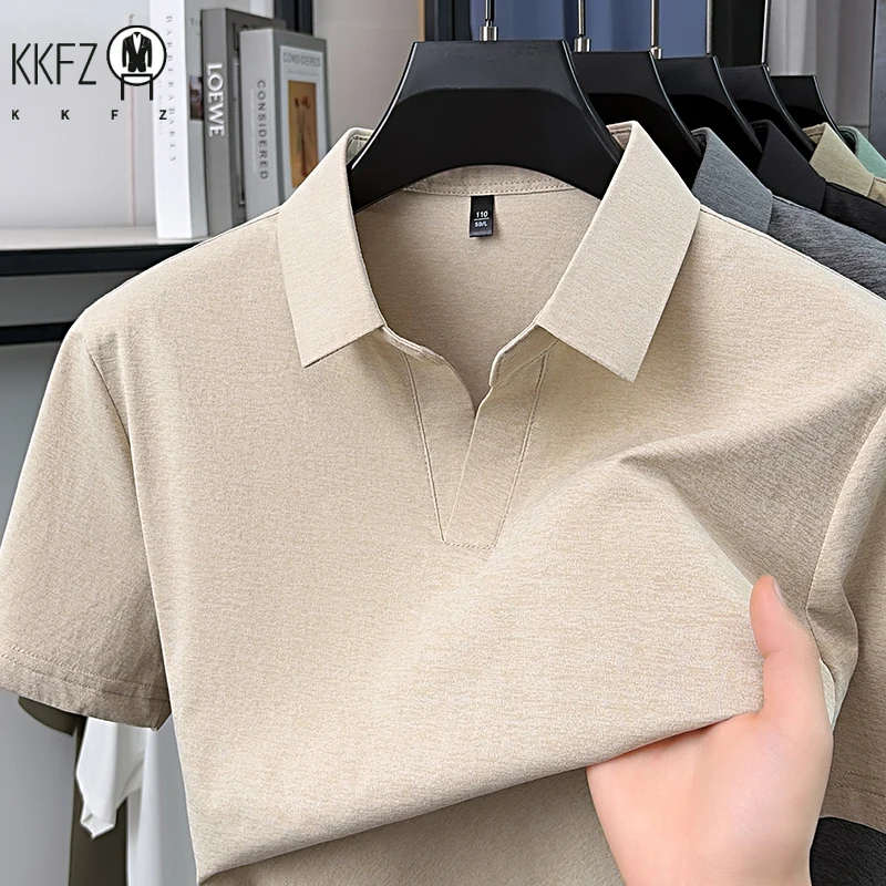 Slim fit male melange textured polo short sleeve top lapel notch neck thin breathable fabric family party training outfit
