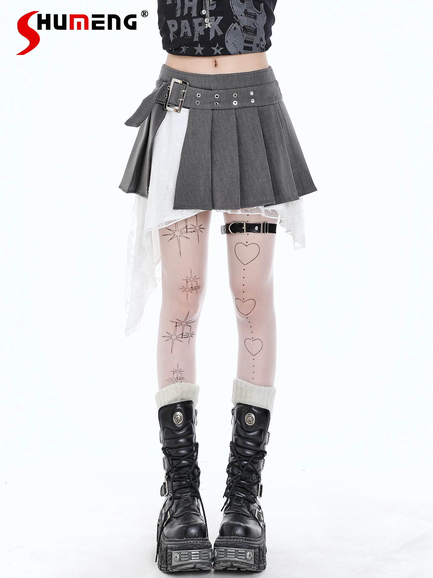 

American Preppy Style Sweet Cool Hot Girl Y2K Skirts High Waist A-line Irregular Lace Patchwork Pleated Mini Skirt Women Summer