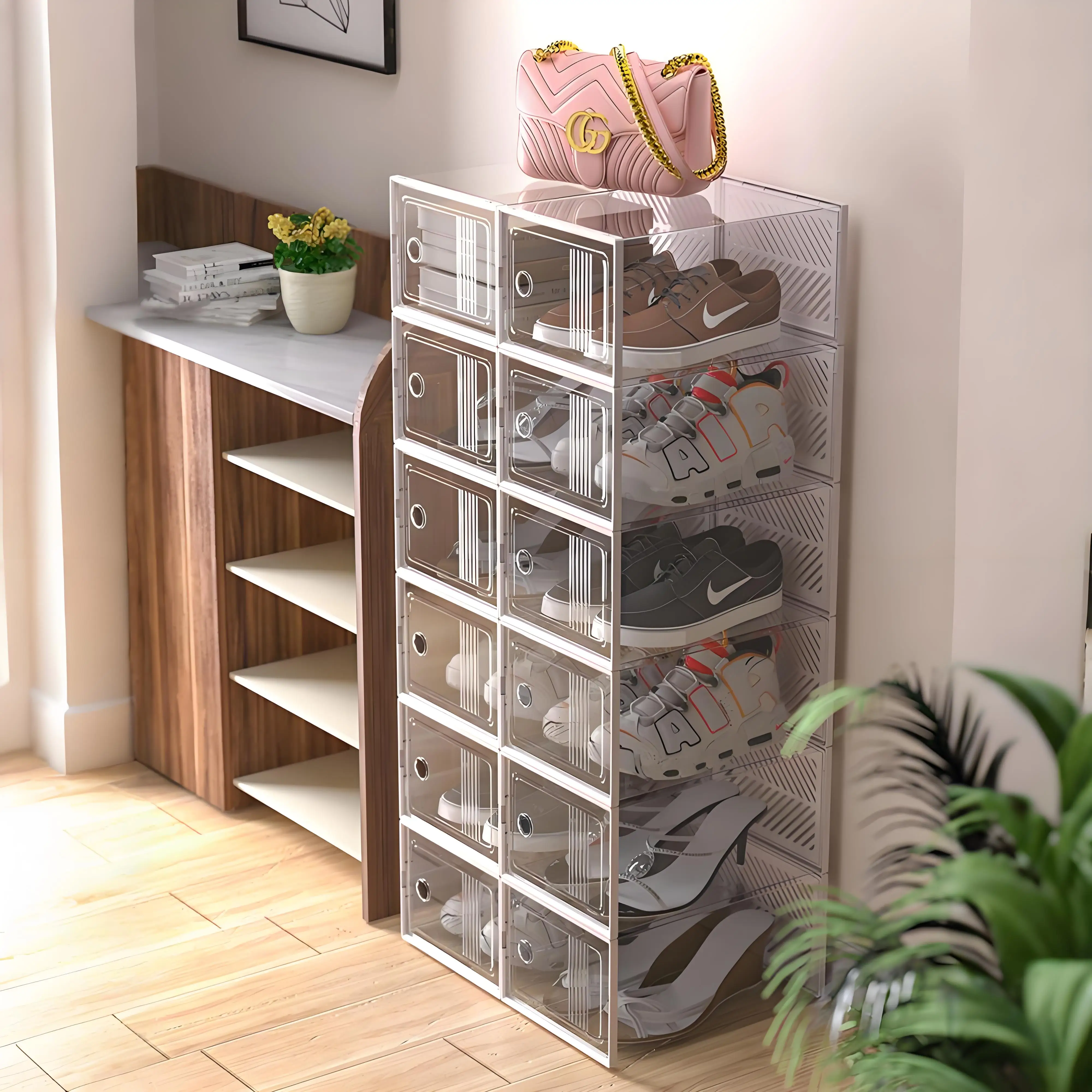 صندوق أحذية شفاف قابل للطي، صندوق تخزين سميك من البولي بروبيلين للأحذية والكتب والملابس، صناديق تنظيم قابلة للتنفس، إكسسوارات منزلية، 8 قطع