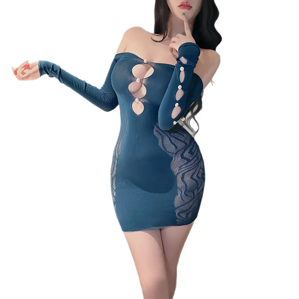 Mu مثير الرغبة النقية كلمة واحدة الكتف فستان الأخت الملكي سليم الجسم التفاف الورك جوفاء مفتوحة المنشعب الحرة المياه القمر اللؤلؤ صافي معطف