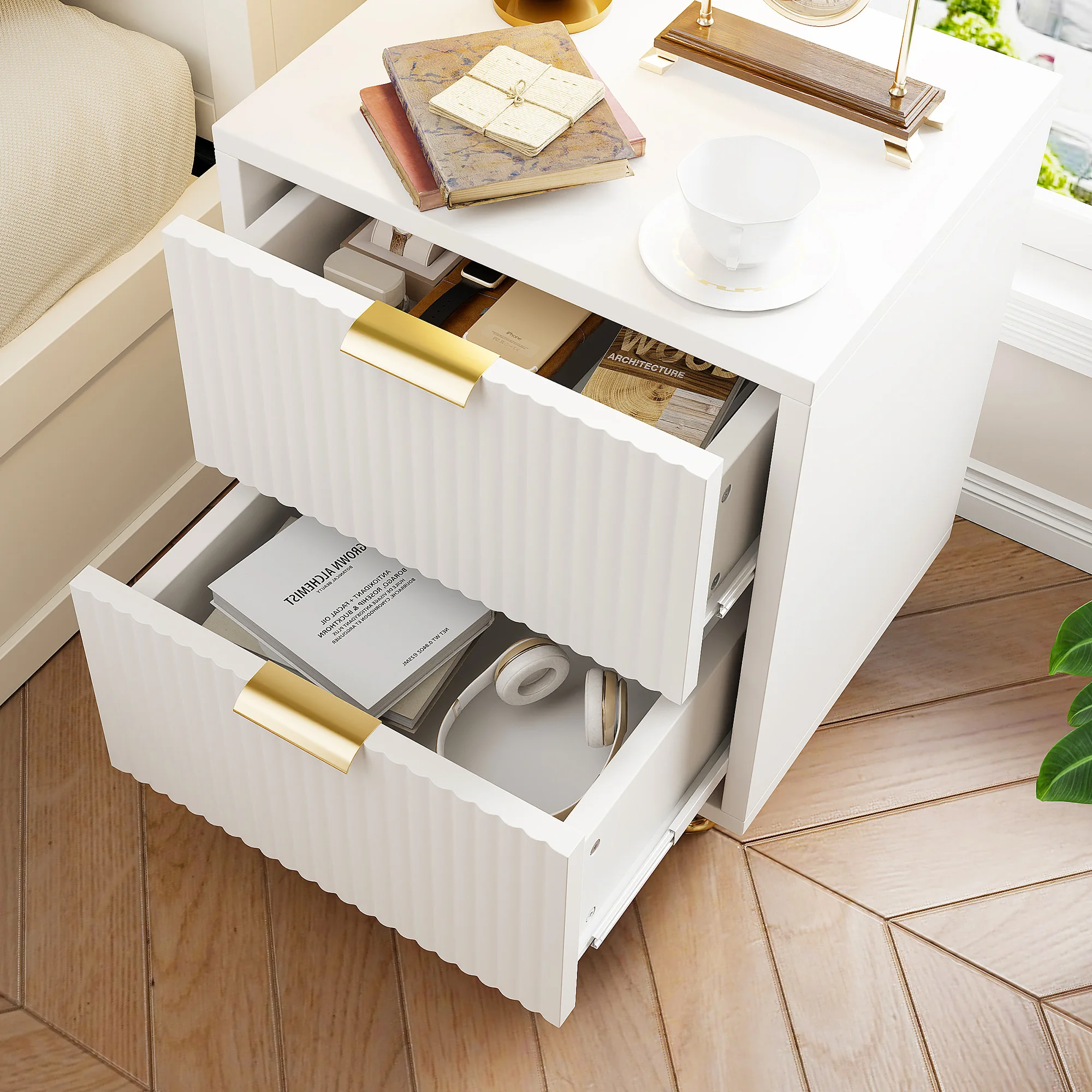 كومانلاي 2 قطعة طاولة بجانب السرير مع درجين، خزانة منضدة بأقدام معدنية، خزانة ذات أدراج لغرفة المعيشة، 49 × 29 × 47 سم #4