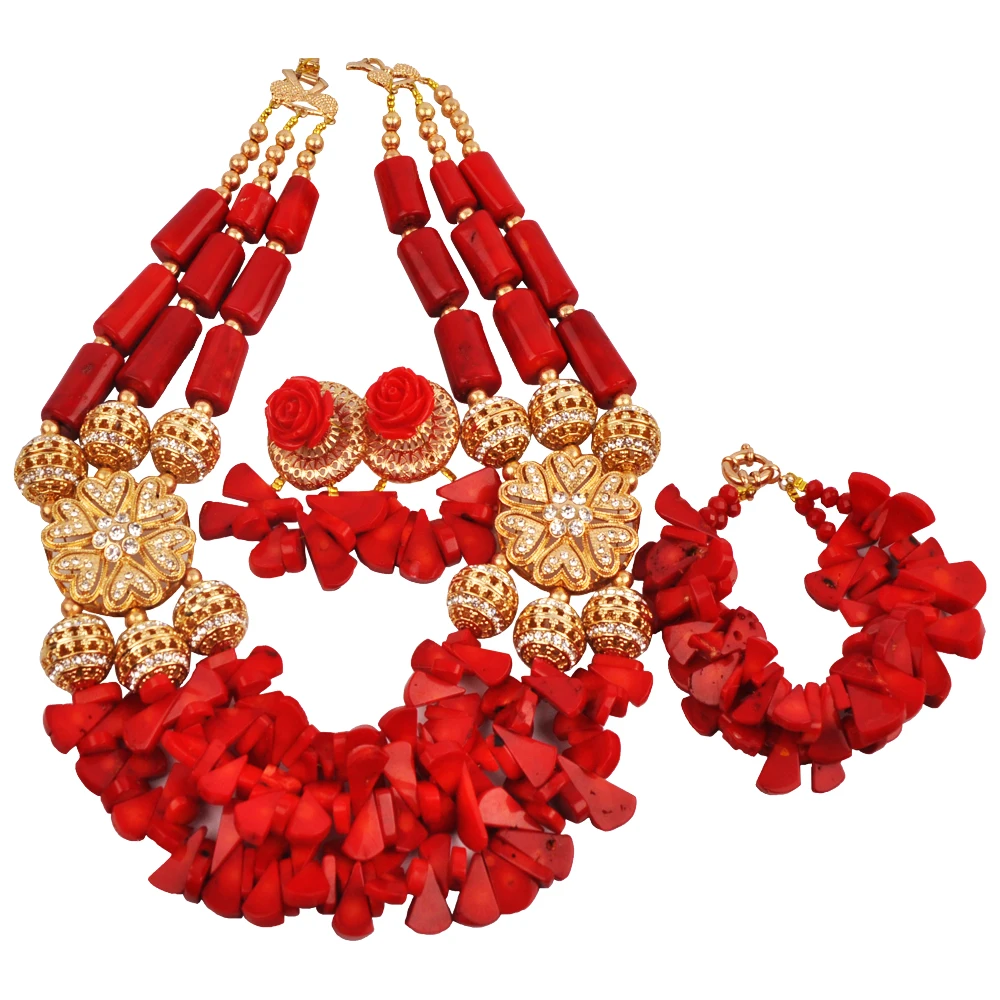 

African Wedding Necklace Red Nigerian Coral Beads ABridal Jewelry Sets 22-11-22-B5