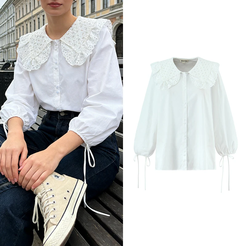 Damska biała koszula z dużym kołnierzykiem z koronki ażurowej - bufiaste rękawy ze ściągaczami przy mankietach i zapinana na guziki, słodka bluzka dziewczęca.