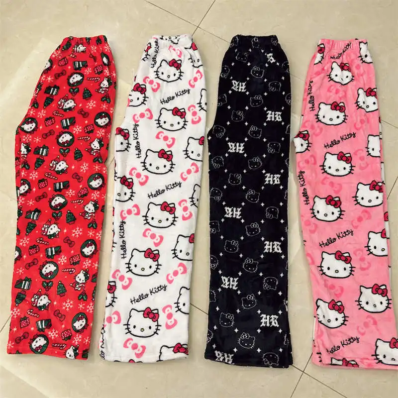 Sanrio Hello Kitty Fleece Coral Pajama Pants Soft Trousers Women Casual Home Trousers Kawaii Anime Cartoon Birthday Gift