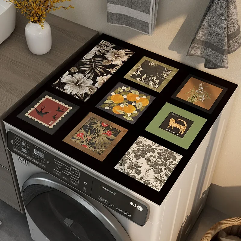 VIKAMA American Retro Collage Floral Animal Washing Machine Cover Pad Absorbent Non Slip Countertop Pad for Washing Machine