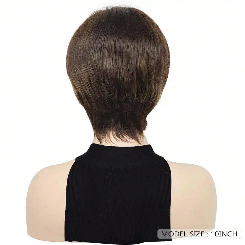 Dark Brown Short Pixie Cut Synthetic Wig with Bangs Straight Layered Machine Made 6-Inch Wig for Women Daily Use