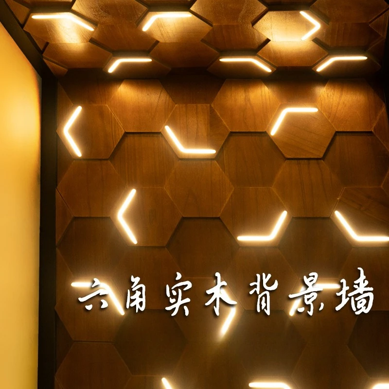 Hexagonal geometric three-dimensional solid wood design with lamp background wall exhibition hall decoration hanging paintings