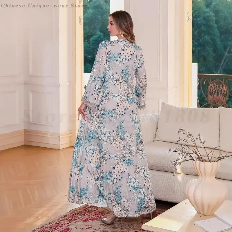 Moda impressão médio oriente roupas femininas muçulmano abayas retro férias maxi robe kaftan vestido longo islâmico ramadan turquia vestidos