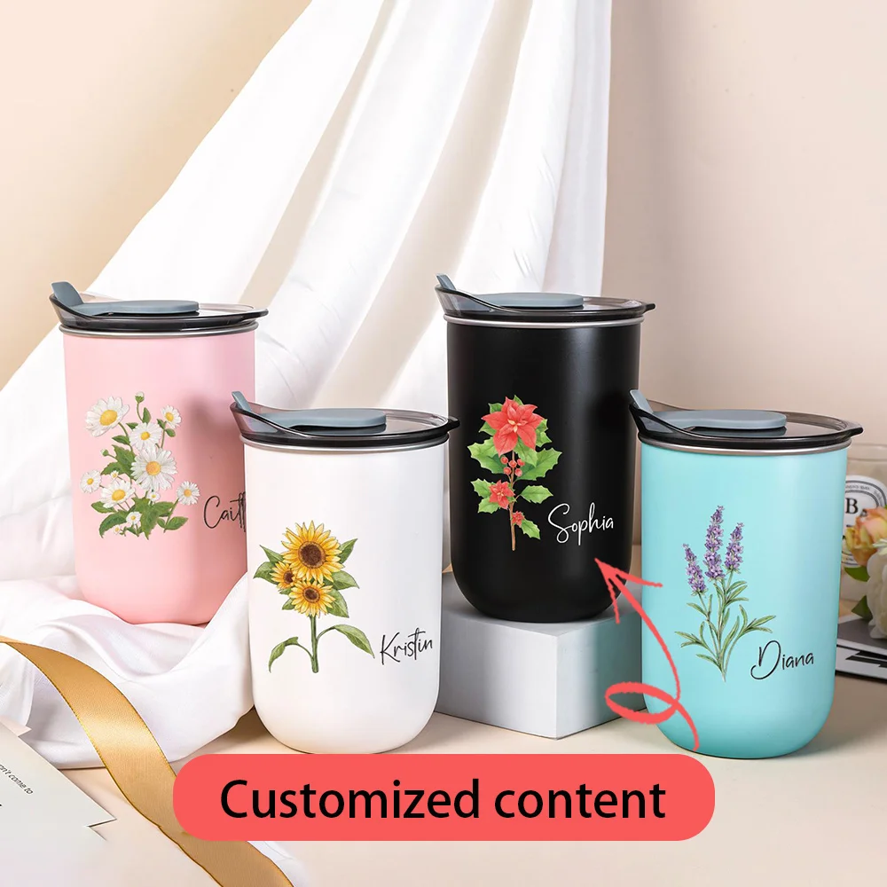 Personalized Name Stainless Steel Cup, Birth Month Floral Watercolor Print, Portable Coffee Cup