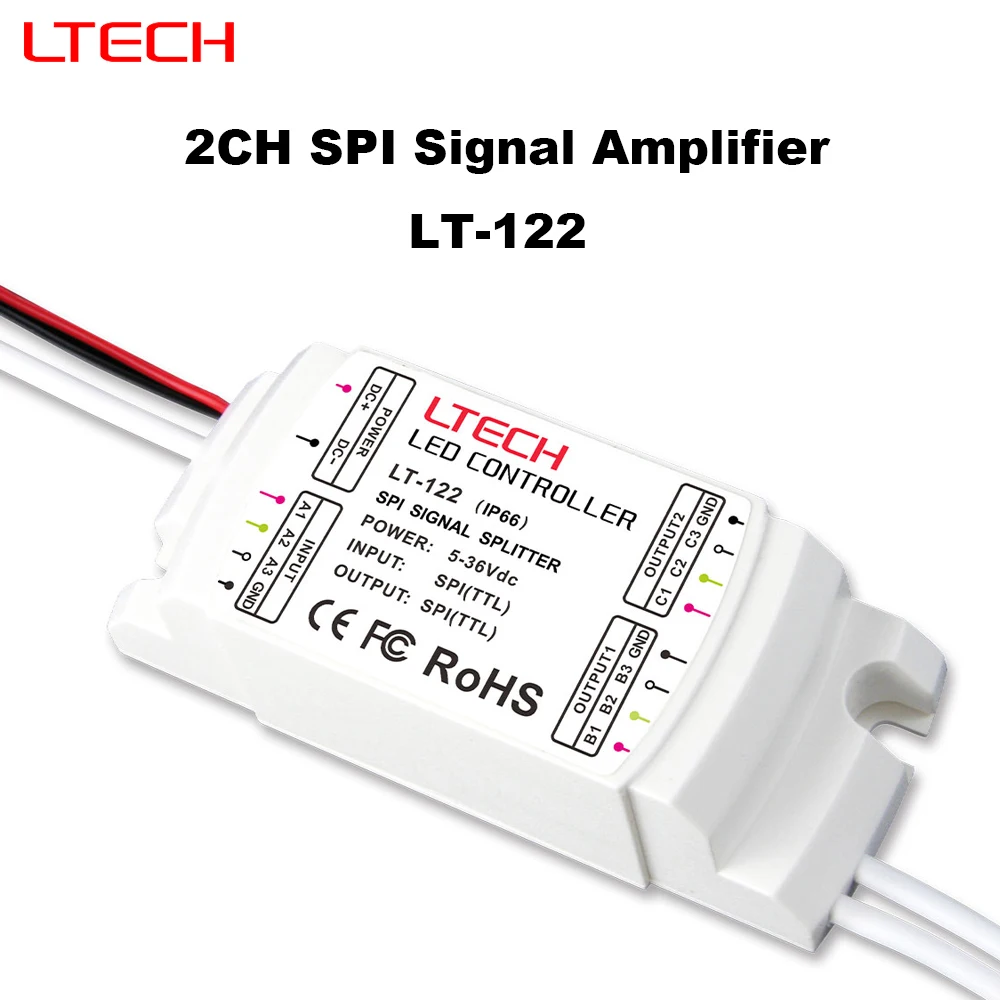 LTECH 2CH SPI Signal Amplifier LT-122 IP67 Water-proof SPI(TTL)  5V-36V Input 2 Channel Output SPI Signal Splitter Power Repeate