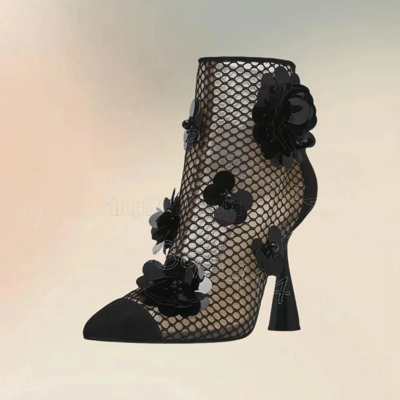 

Black Sequins Flower Mesh Pointed Toe Boots Back Zipper Women Shoes Strange Style Heels Party Banquet 2025 Zapatos Para Mujere