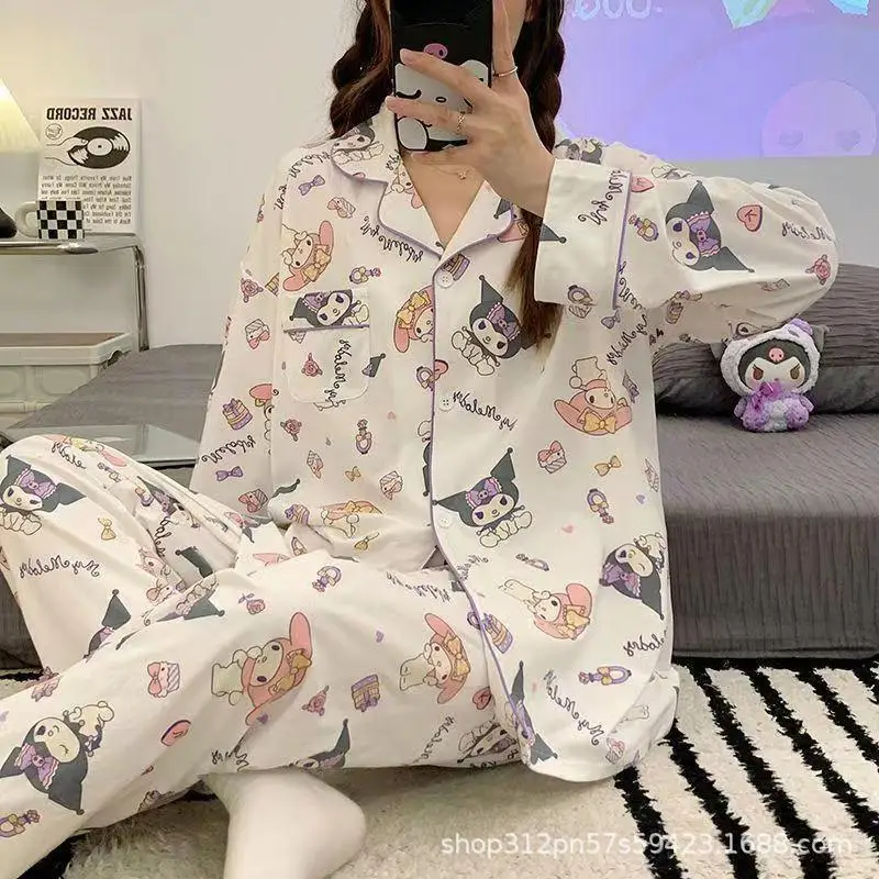 Sanrio Kuromi Long-Sleeved Pajamas Set Kawaii Cartoon Cinnamoroll Printing Spring Autumn Thin Polyester Cute Girls Home Clothes