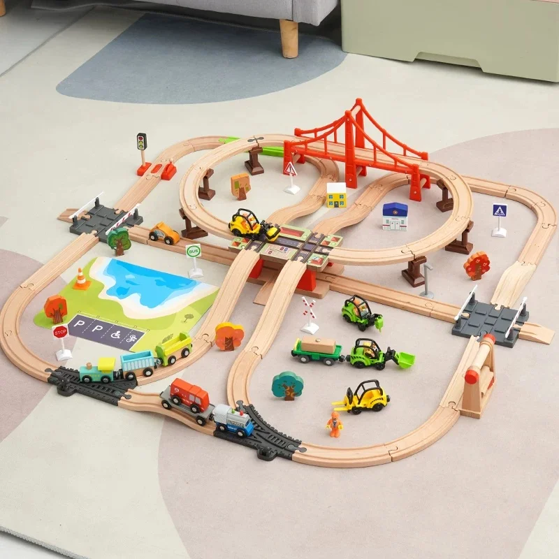 Wooden Engineering Railway Track toys Set Multi-layer Spiral Urban Road Wooden Train Track Wood Tracks Train Toys for kids
