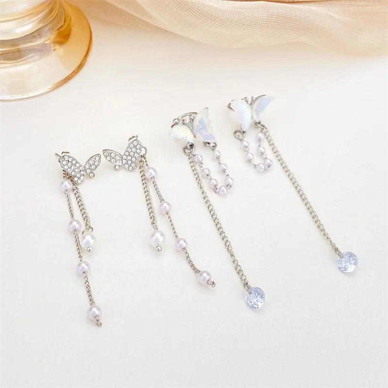 Y2K Fairy Zircon Shell Butterfly Tassel Ear Clips Angel Ear Bone Clip Earring Elf Female Pearl Dangle Earrings Fashion Jewelry