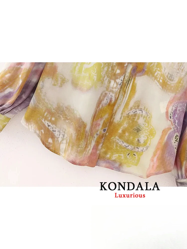 KONDALA بلوزة نسائية كلاسيكية مطبوعة غير رسمية بأكمام طويلة وياقة مقلوبة بلوزة فضفاضة واحدة الصدر موضة 2024 قمصان صيفية