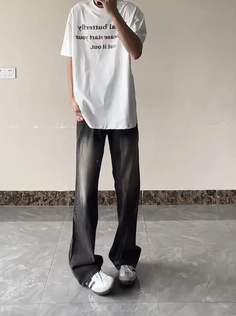 

Retro American ey Bla Denim Jeans Men Summer Haome Flared Straight Leg Men's Faion High-End Feeling Pants