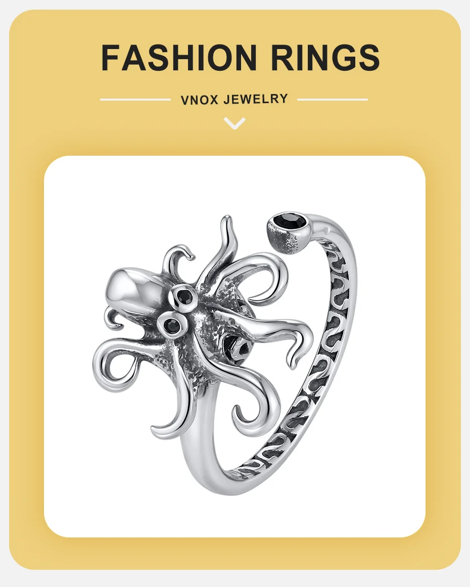 Vnox Vintage Edelstahl Oktopus-Ring, Punk-Tier-Ring für Männer und Frauen, Offener Verstellbarer Unisex-Schmuck Geschenke Größe 5-8 – Detail 2