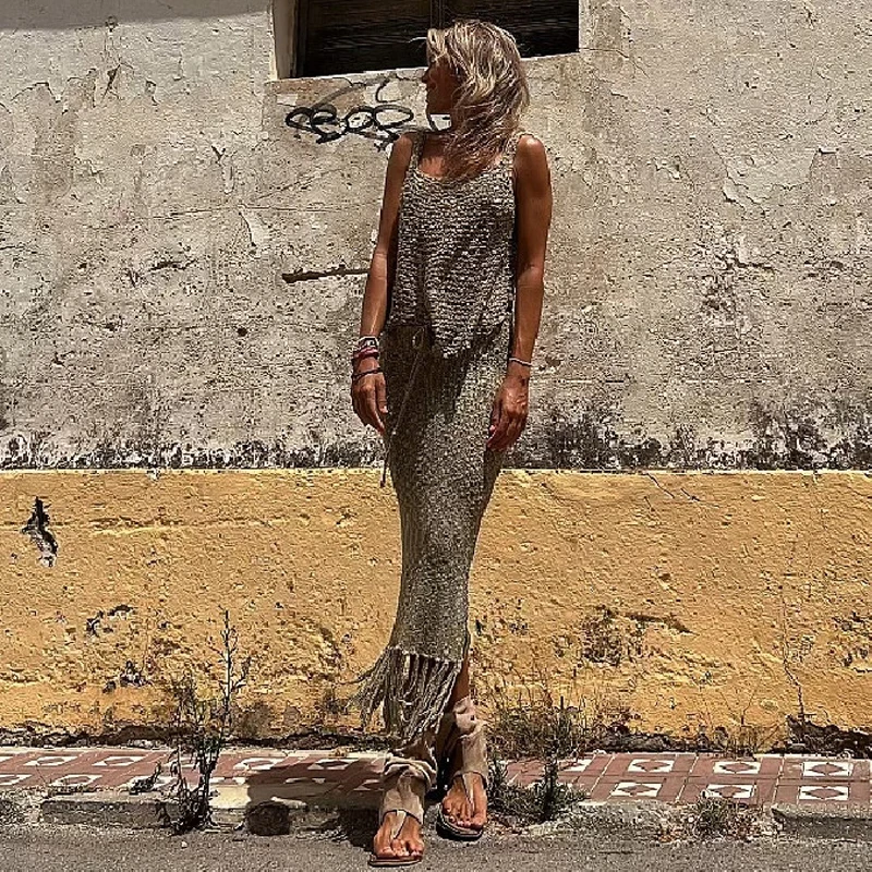 لباس قصير محبوك مثير انظر من خلال شبكة غطاء الشاطئ الصيف بلوزة بروتيل شرابة تنورة طويلة قطعتين مجموعة الجوف خارج فستان