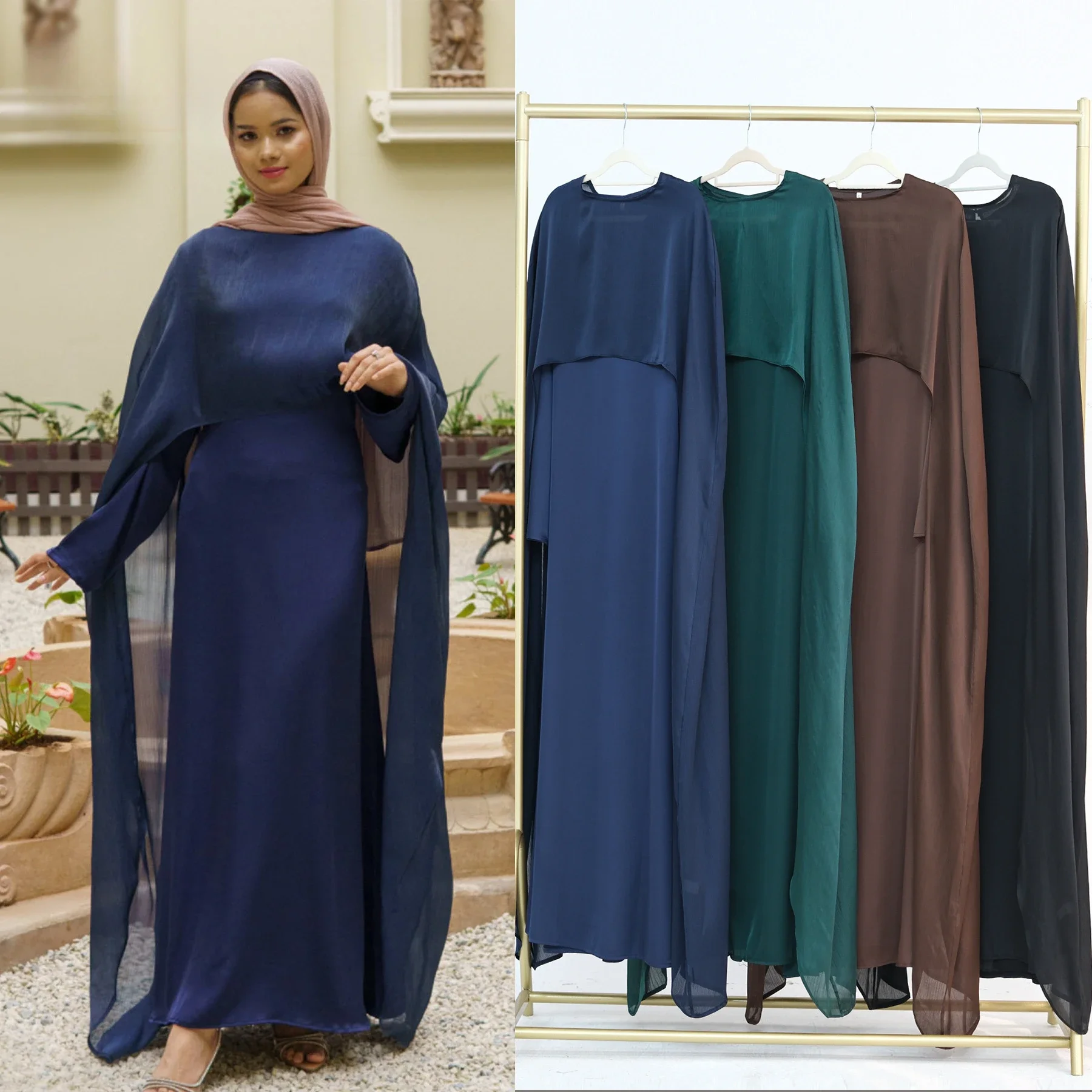 Satin Cloak Abaya 2 piece Set New Abayas for Women Dubai Luxury Thobe Muslim Cape Long Dress 2025 Ramadan Eid Islamic Clothing