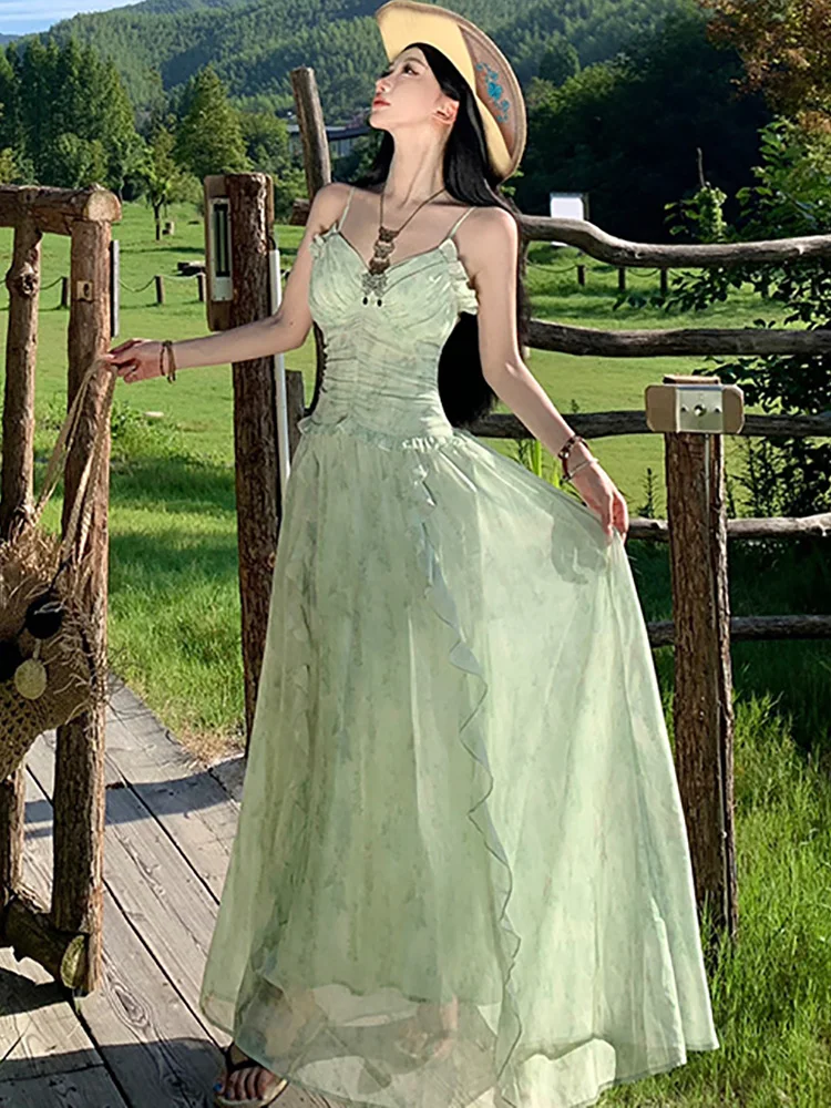 Frauen Grün Druck Chiffon Chic Rüschen Schlinge Sexy Lange Kleid 2025, Koreanische Mode, Figurbetontes Urlaub Kleid Frauen Elegante Casual Robe