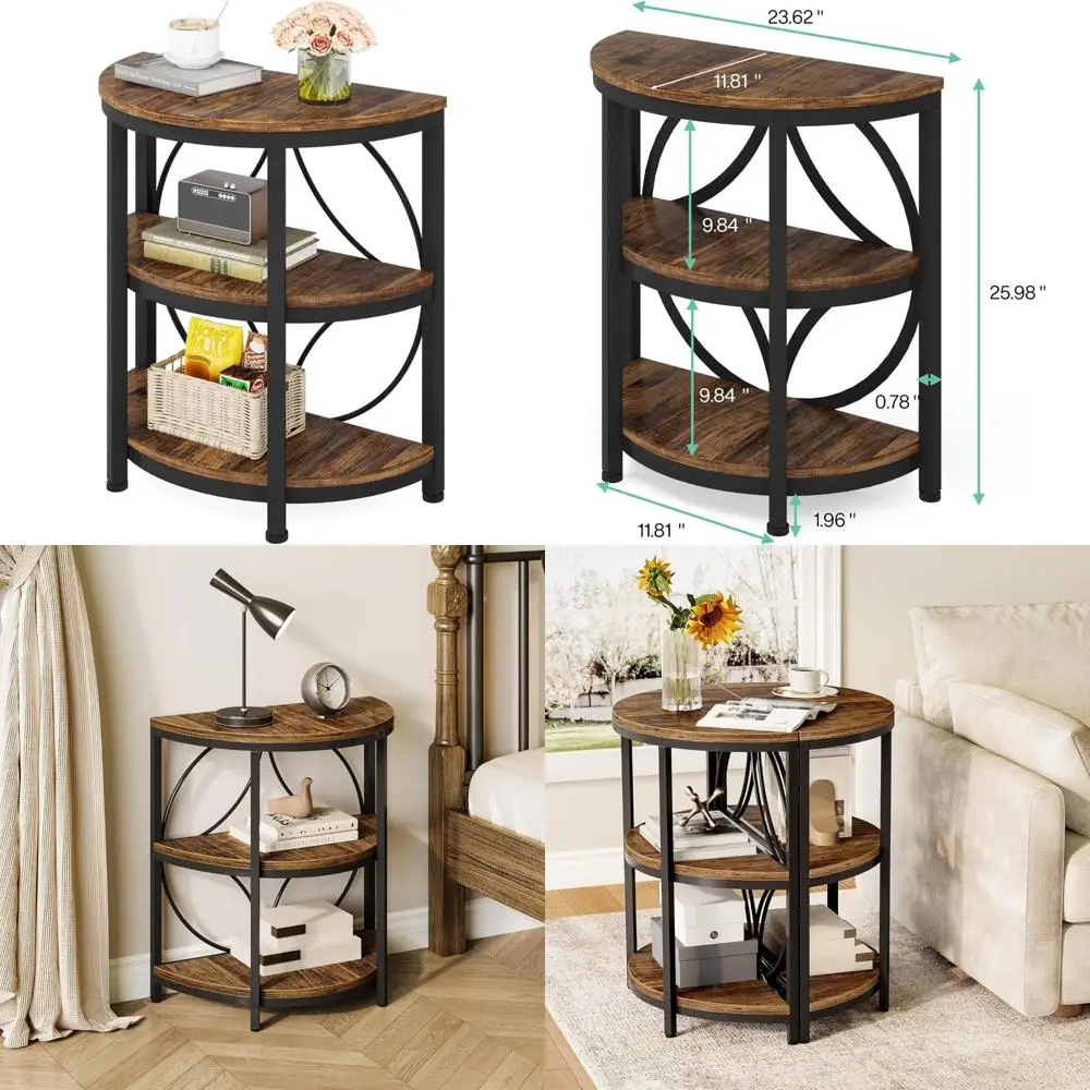 

Полукруглый трехъярусный узкий приставной столик с металлическим каркасом, небольшой журнальный столик в форме полумесяца