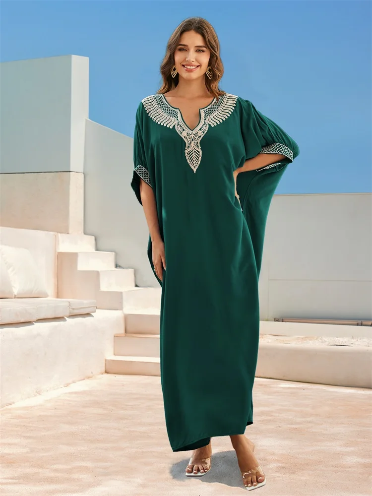 Vintage Chic Embroidered Robe V Neck Lantern Sleeve Kaftan 2024 New Green Long Dress Beach Swimwear Coverup Cozy Homewear Outfit