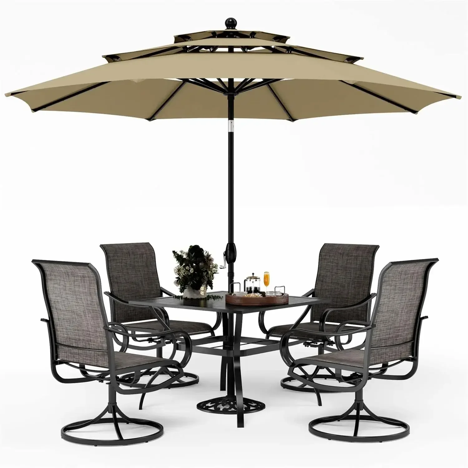 Patio Table and Chairs Dining Set with Umbrella for 4, Outdoor Dining Set with 4 Swivel Patio Chairs