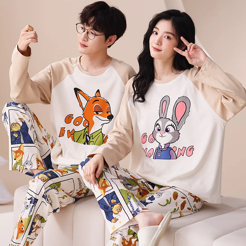 Cartoon Disney pajamas couple set autumn pure cotton long-sleeved trousers two-piece set loungewear casual women\'s pajamas