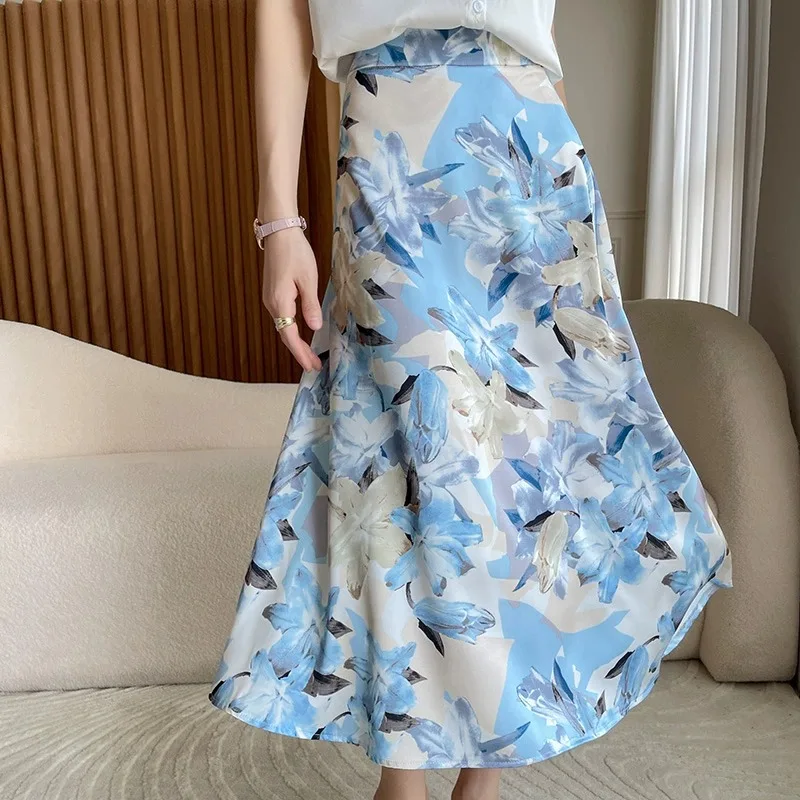 Zijde Acetaat Satijn Hoge Taille Afslanken Asymmetrische Fi Staart f Rok vrouwen Zomer Faion Pendelen Koreaanse Sle Lange Rok