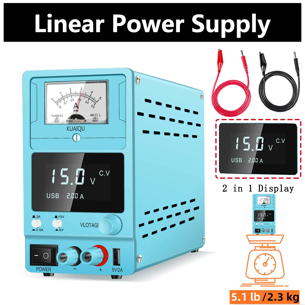 Catu Daya Linier Biru 15V 3A DC Catu Daya Bangku dengan Pengaturan Sakelar Dapat Disesuaikan dengan Penunjuk Tampilan Digital Besar Analog