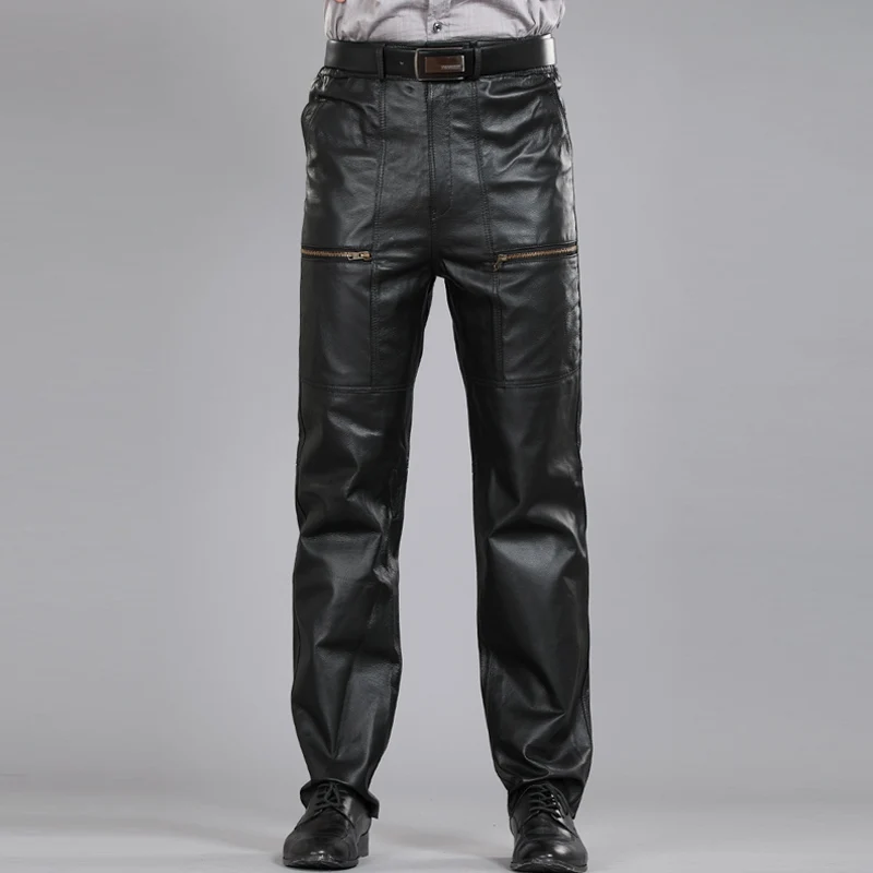 Black Genuine Leather Pants Men's Fashion Casual Plus Size Motorcycle Pants Male Trousers Mens Nature Sheepskin Joggers Pantalon
