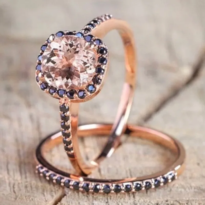 Hot Sale Round Zircon Women's Ring Set Stacked Ring Rose Gold Jewelry Two-piece Set